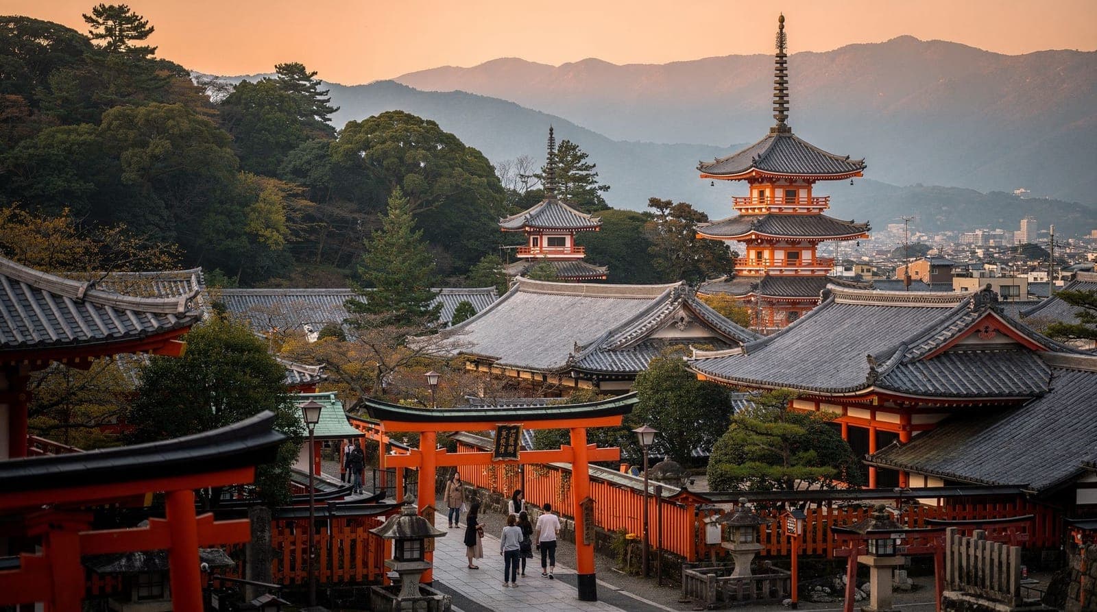 Kyoto — the Fushimi Inari torii gates, Kinkaku-ji and the Higashiyama temple rooftops at golden hour